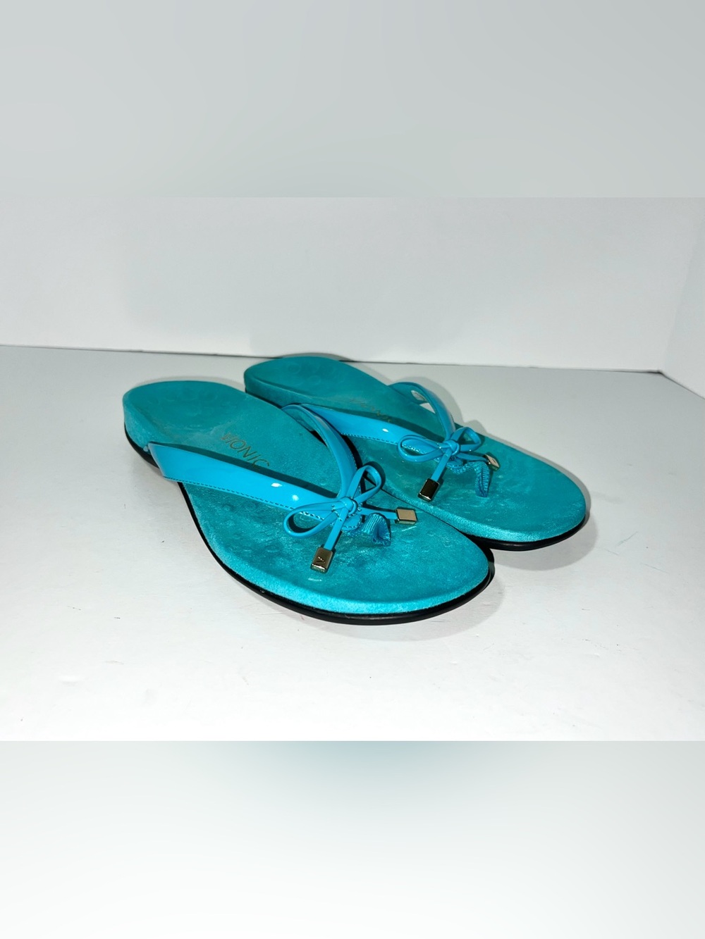 Vionic Bella Orthotic Flip Flop Sandals Turquoise Blue Bow Women Size 9